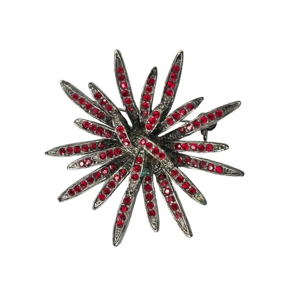 Vintage Red Crystal Silvertone Dramatic Flower Brooch Pin 2" Diameter - Picture 1 of 6
